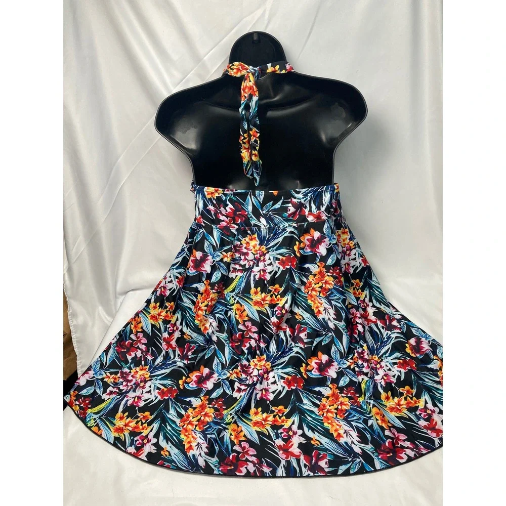 Rosegal Black Floral Halter Swim Dress Tunic Tummy Control Size 2XL US 18‎